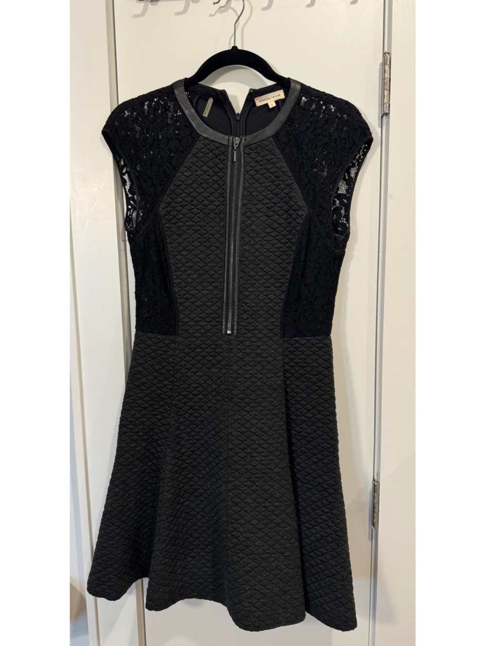 Rebecca Taylor Black Textured Fit & Flare Dress with Lace Cap Sleeves Size 4